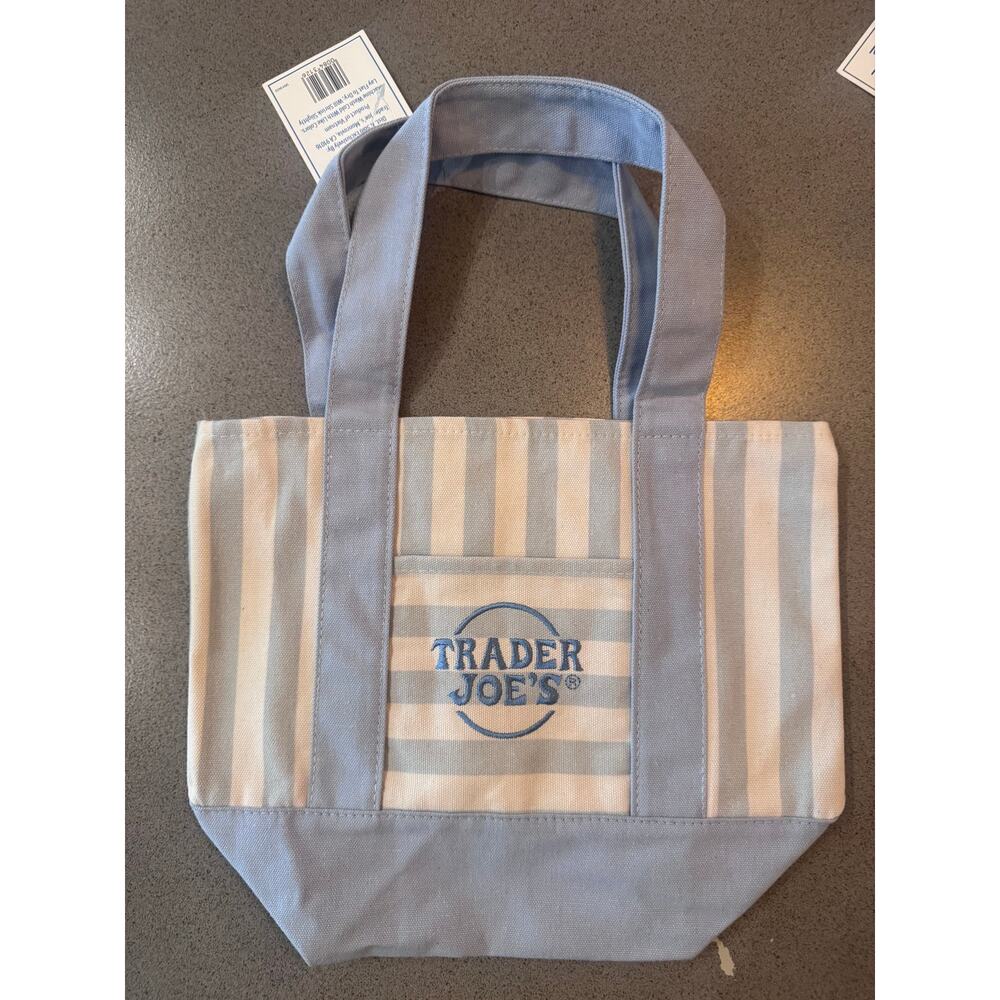 Trader Joe’s mini tote bag striped new summer 2026 blue cream lunch canvas